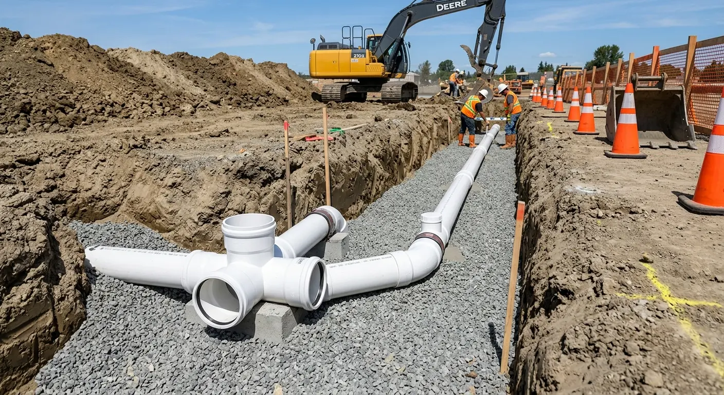 New PVC sewer pipe installation in open trench for Sewer Backup in Ephrata