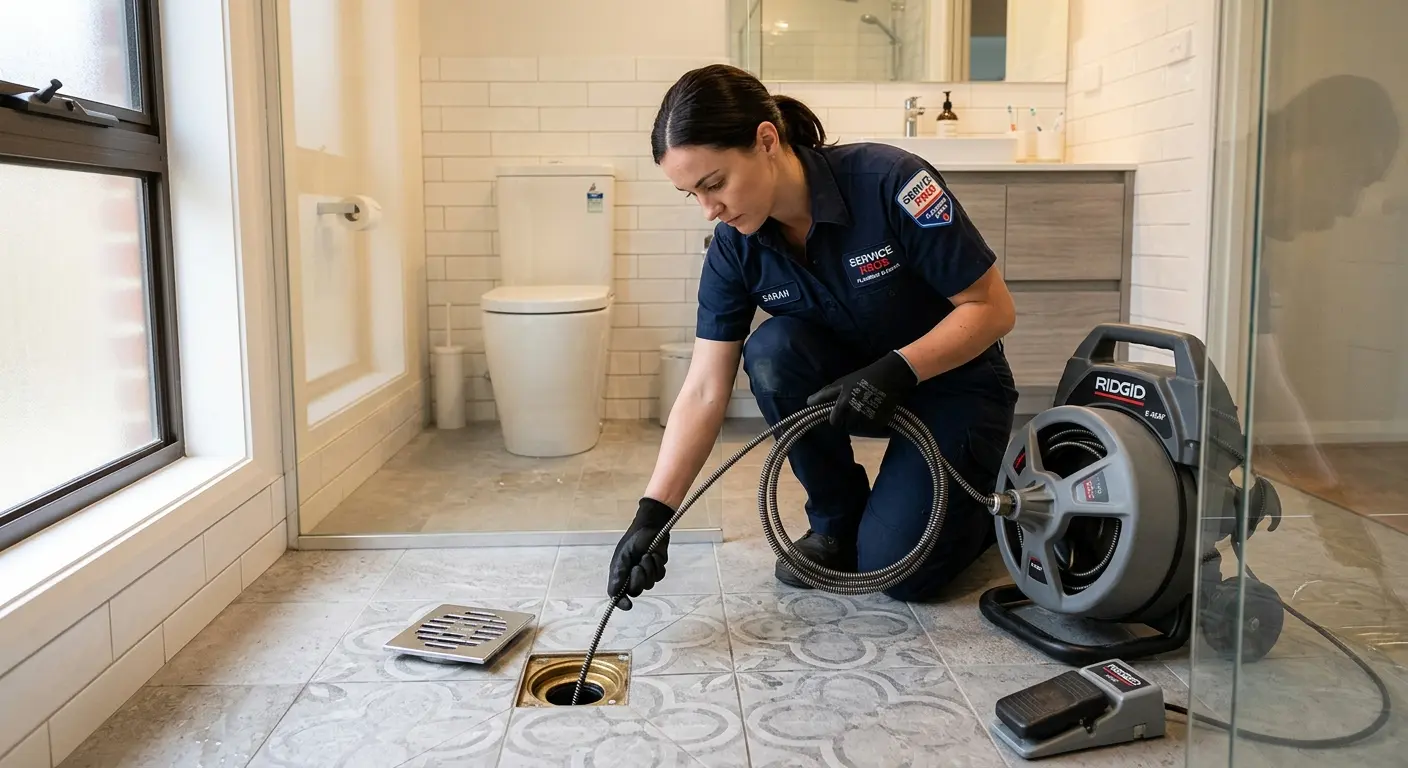 Technician clearing a bathroom floor drain for Sewer Line Replacement in Ephrata